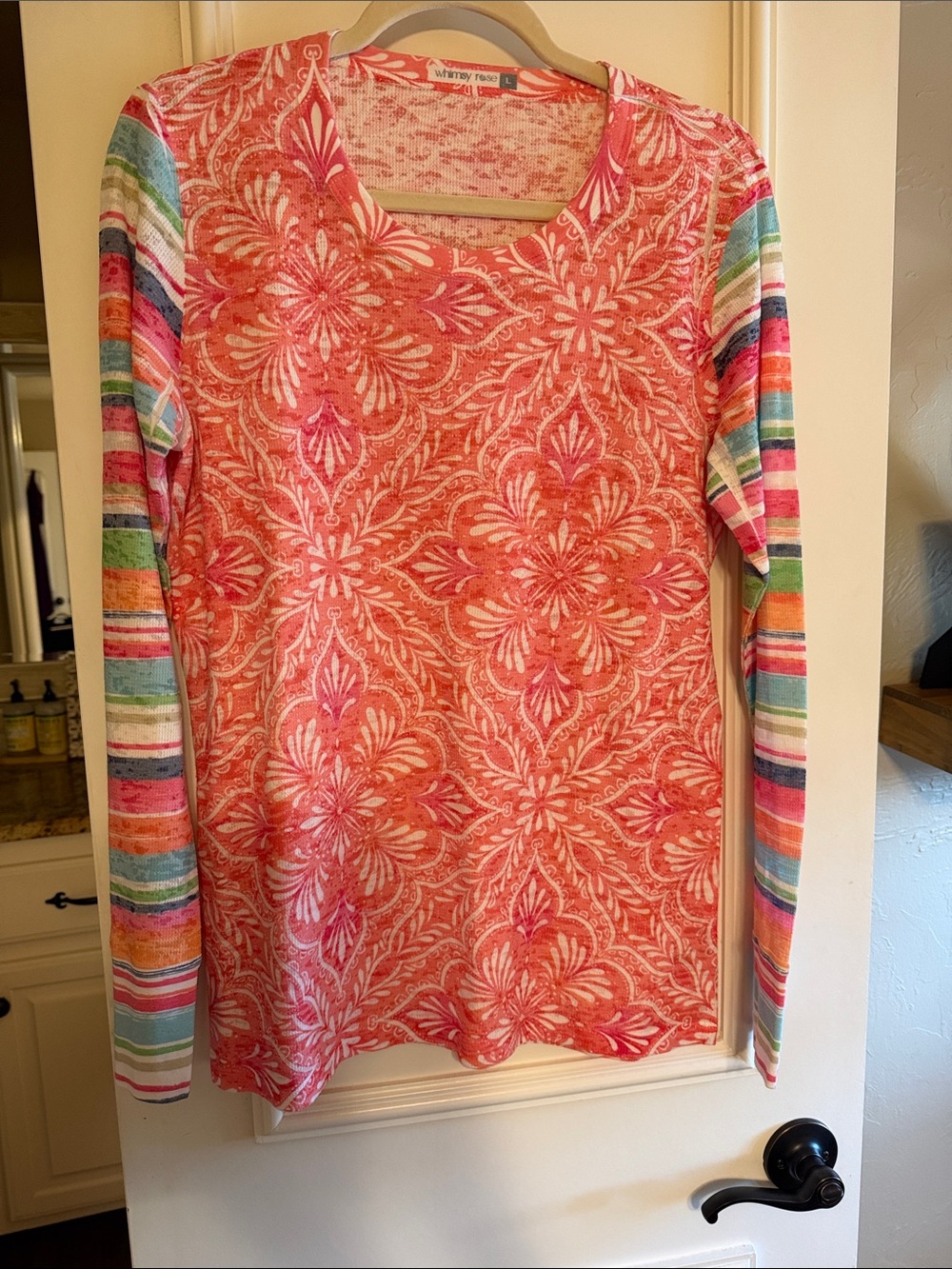Whimsy Rose Coral Floral Long Sleeve Tee with Multicolor Striped Sleeves